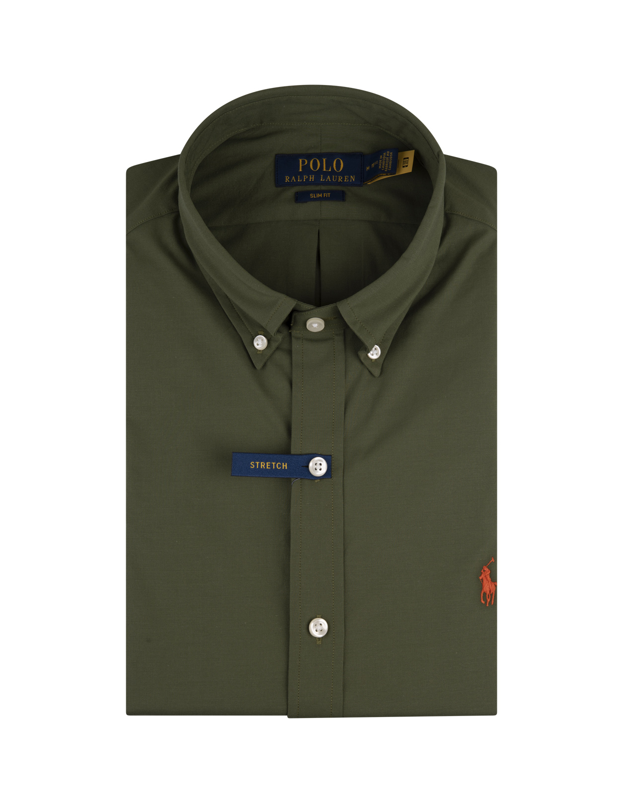 Button-Down Slim Shirt In Olive Green Stretch Cotton With Pony